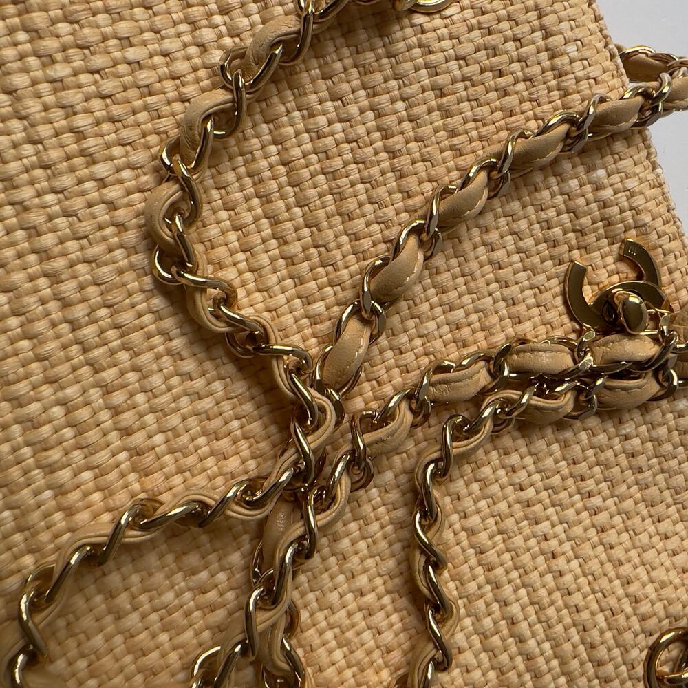 Vintage Chanel 90s CC Logo Chain Shoulder Bag Cream Gold Straw - Picture 8 of 9
